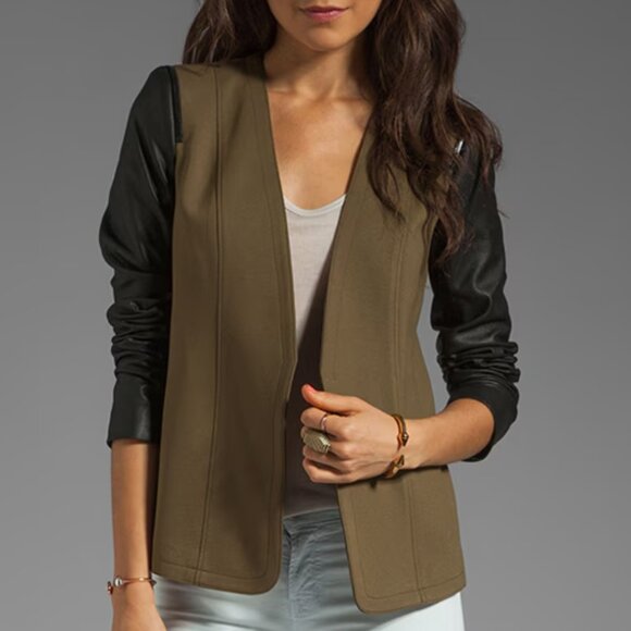 Theory Pryor Yaisa Ponti Leather Sleeve Cactus Olive Green Blazer - Picture 2 of 10